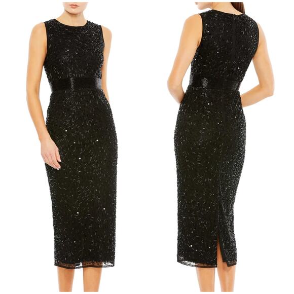 Mac Duggal NWT Geometric Embellished Sleeveless A Line Midi Dress Black Size 4